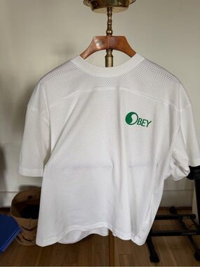 Obey White Mesh Short-Sleeve Tee with Green Logo